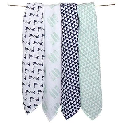 Bacati - Noah Mint/Navy Buck/Feathers/Triangles Muslin Swaddling Blankets Set Of 4 3 Bacati - Noah Mint/Navy Buck/Feathers/Triangles Muslin Swaddling Blankets Set Of 4 - Image 3