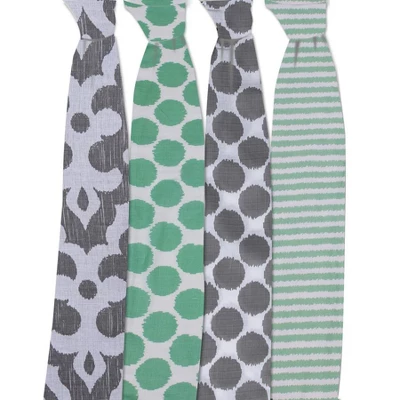 Bacati - Ikat Mint/Gray Dots/Stripes Swaddling Muslin Blankets Set Of 4 2 Bacati - Ikat Mint/Gray Dots/Stripes Swaddling Muslin Blankets Set Of 4 - Image 2