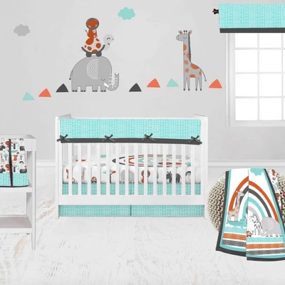 Bacati - Jungle Safari Aqua Orange Gray 6 Pc Cotton Crib Bedding Set With Long Rail Guard Cover 3 Bacati - Jungle Safari Aqua Orange Gray 6 Pc Cotton Crib Bedding Set With Long Rail Guard Cover - Image 3