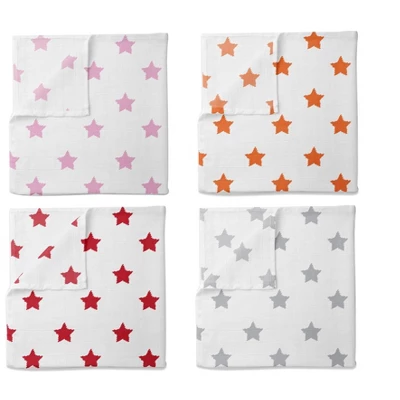Bacati - Stars Girls Swaddling Muslin Blankets Of 4 (Pink, Orange,Red,Gray) 1 Bacati - Stars Girls Swaddling Muslin Blankets Of 4 (Pink, Orange,Red,Gray)
