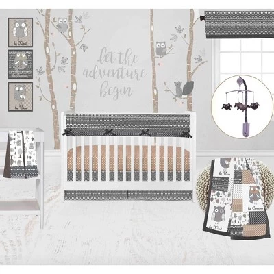 Bacati - Owls In The Woods Beige/Gray 10 Pc Crib Bedding Set With Long Rail Guard Cover 2 Bacati - Owls In The Woods Beige/Gray 10 Pc Crib Bedding Set With Long Rail Guard Cover - Image 2