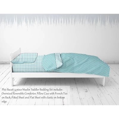 Bacati - Houndstooth/Herringbone Aqua Unisex Muslin 4 Pc Toddler Bedding Set 6 Bacati - Houndstooth/Herringbone Aqua Unisex Muslin 4 Pc Toddler Bedding Set - Image 6
