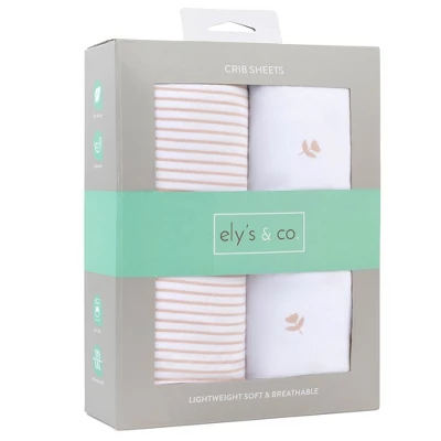 Ely's & Co. Baby Fitted Sheet 100% Combed Jersey Cotton Mauve Tulip + Stripes 2 Ely's & Co. Baby Fitted Sheet 100% Combed Jersey Cotton Mauve Tulip + Stripes - Image 2