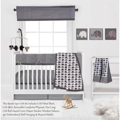 Bacati - Elephants White/Gray 10 Pc Crib Bedding Set With Long Rail Guard Cover 4 Bacati - Elephants White/Gray 10 Pc Crib Bedding Set With Long Rail Guard Cover - Image 4
