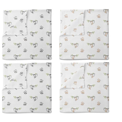 Bacati - Happy Monkeys Green/Gray/Beige Unisex Muslin Swaddling Blankets Set Of 4 1 Bacati - Happy Monkeys Green/Gray/Beige Unisex Muslin Swaddling Blankets Set Of 4