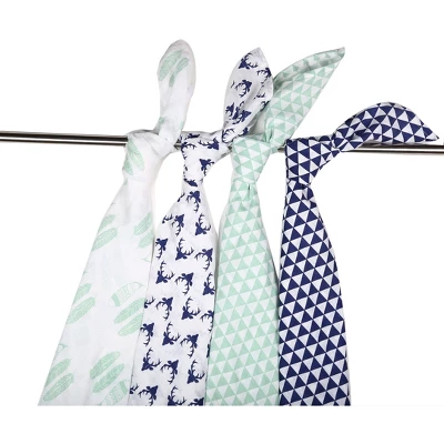 Bacati - Noah Mint/Navy Buck/Feathers/Triangles Muslin Swaddling Blankets Set Of 4 2 Bacati - Noah Mint/Navy Buck/Feathers/Triangles Muslin Swaddling Blankets Set Of 4 - Image 2