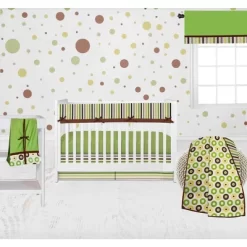 Bacati - Mod Dots Stripes Green Yellow Beige Brown 6 Pc Crib Bedding Set With Long Rail Guard Cover