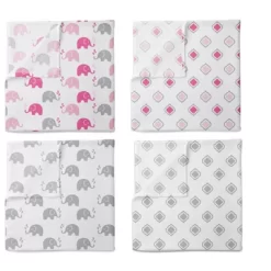 Bacati - Elephants Pink/Gray Muslin Swaddling Blankets Set Of 4