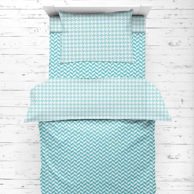 Bacati - Houndstooth/Herringbone Aqua Unisex Muslin 4 Pc Toddler Bedding Set 5 Bacati - Houndstooth/Herringbone Aqua Unisex Muslin 4 Pc Toddler Bedding Set - Image 5