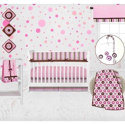 Bacati - Mod Dots Stripes Pink Fuschia Beige Chocolate 10 Pc Crib Bedding Set With Long Rail Guard Cover 1 Bacati - Mod Dots Stripes Pink Fuschia Beige Chocolate 10 Pc Crib Bedding Set With Long Rail Guard Cover