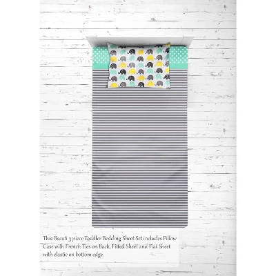 Bacati - Elephants Mint Yellow Gray 3 Pc Toddler Bed Sheet Set 6 Bacati - Elephants Mint Yellow Gray 3 Pc Toddler Bed Sheet Set - Image 6