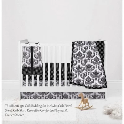 Bacati - Classic Damask Black/Grey/White 4 Pc Crib Bedding Set With Diaper Caddy 2 Bacati - Classic Damask Black/Grey/White 4 Pc Crib Bedding Set With Diaper Caddy - Image 2